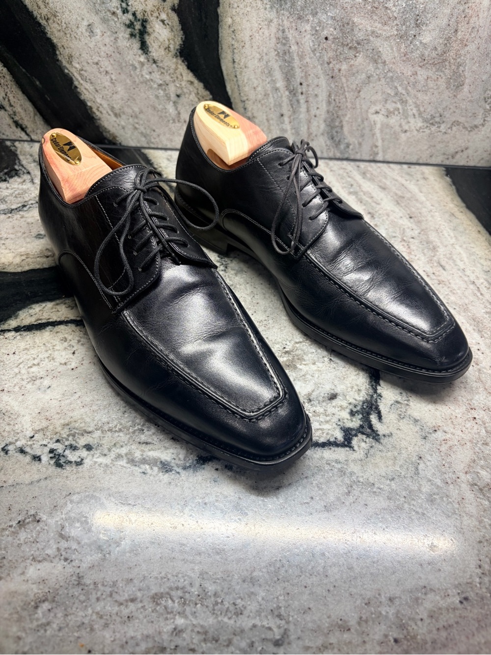 Santoni Black Leather Apron Toe Derby Shoes UK 8.5 US 9.5 Made Italy